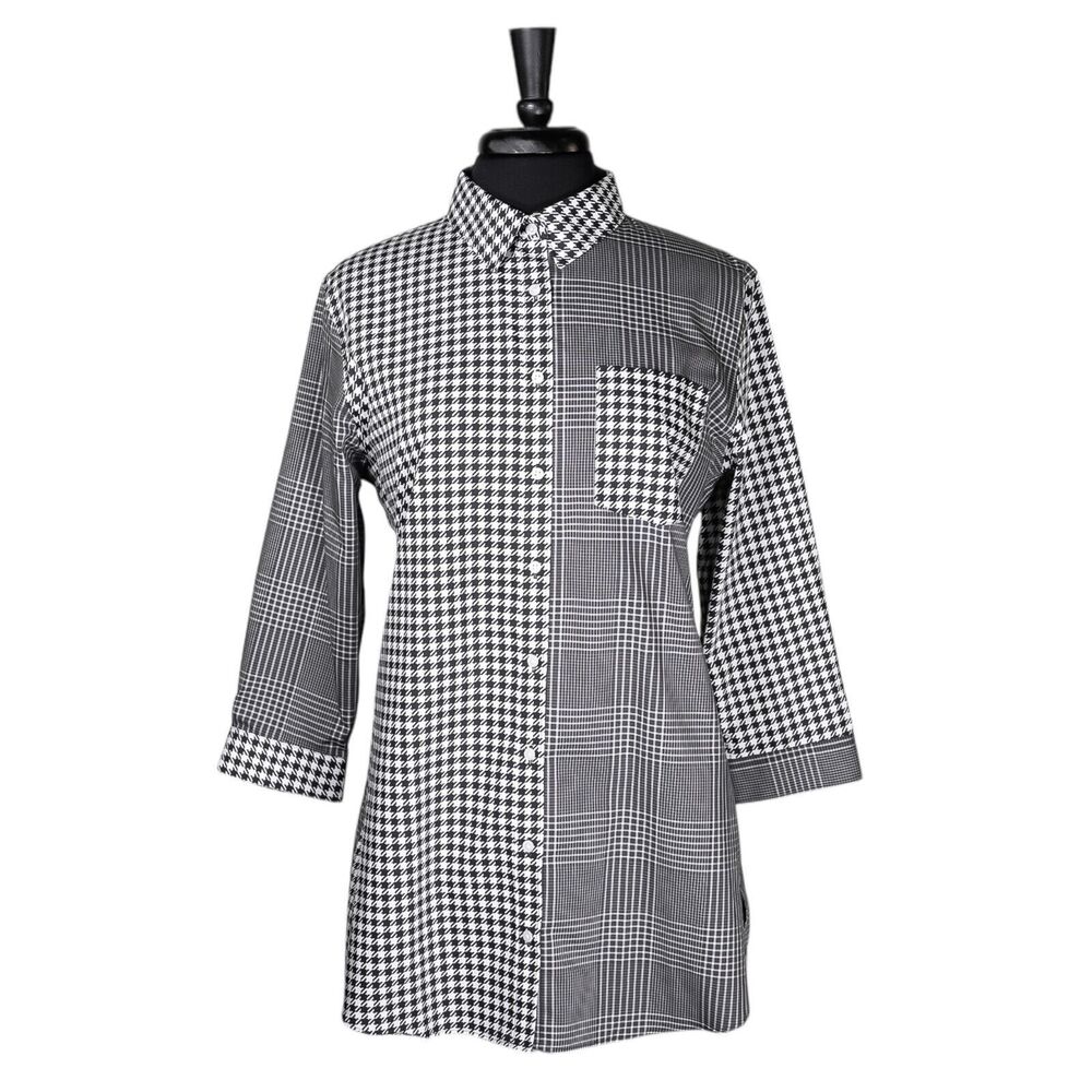 Lands' End Women's Shirt Button Up Black White Houndstooth Check Tunic Top 12